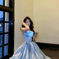 Cute Blue Bow Satin A Line Long Evening Dress Formal Evening Dress SP2028