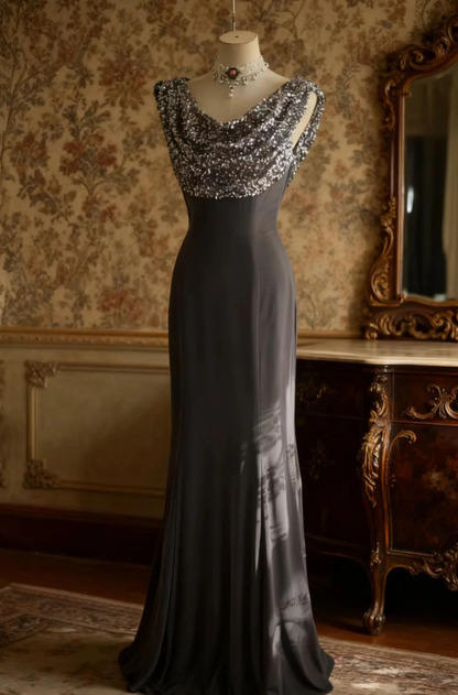 Retro Sleeveless Sequin Satin Mermaid Long Wedding Guest Dress Evening Gown SP1023