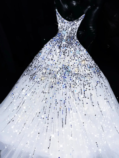 Glitter Strapless White Tulle Sequin Beaded Long Party Dress Evening Dress SP4114