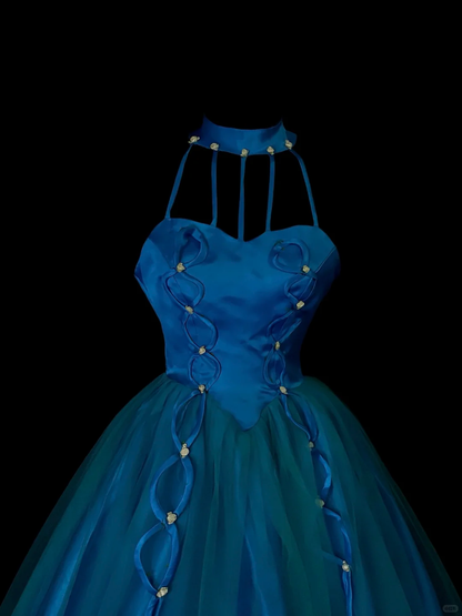 Vintage Halter Satin Tulle Long Wedding Guest Dress Blue Long Birthday Party Dress SP4049