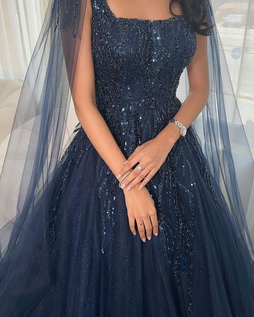 Navy Blue Glitter Square Neck Tulle Long Sleeves Luxury Ball Gown  Y4883