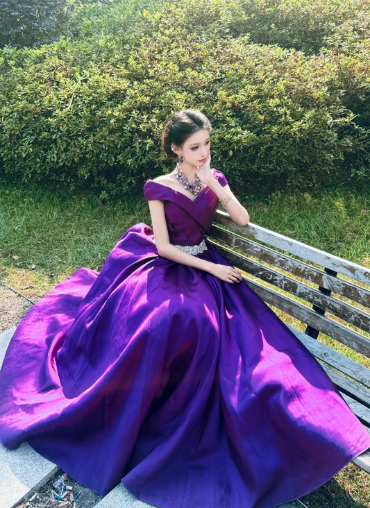 Gorgeous Off The Shoulder Ball Gown Purple Satin Beaded Long Party Dress Prom Gown SP2068