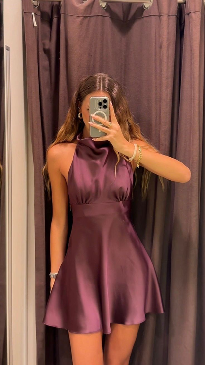 Sexy Halter Satin Sleeveless Short 8th Grade Homecoming Dress,Dark Purple Mini Cocktail Dress SP2466