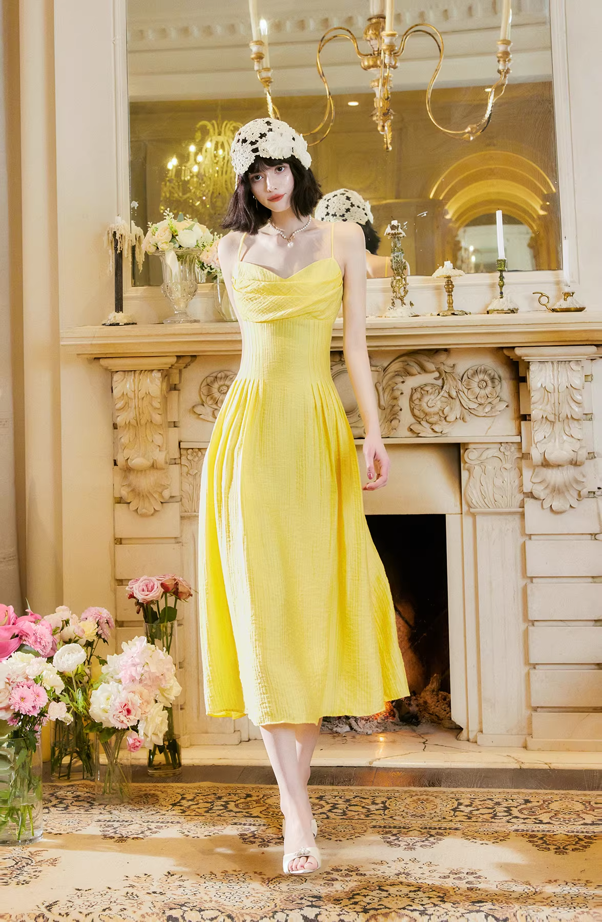 Sweet Spaghetti Straps Yellow Satin A Line Long Party Dress Prom Gowns SP2015