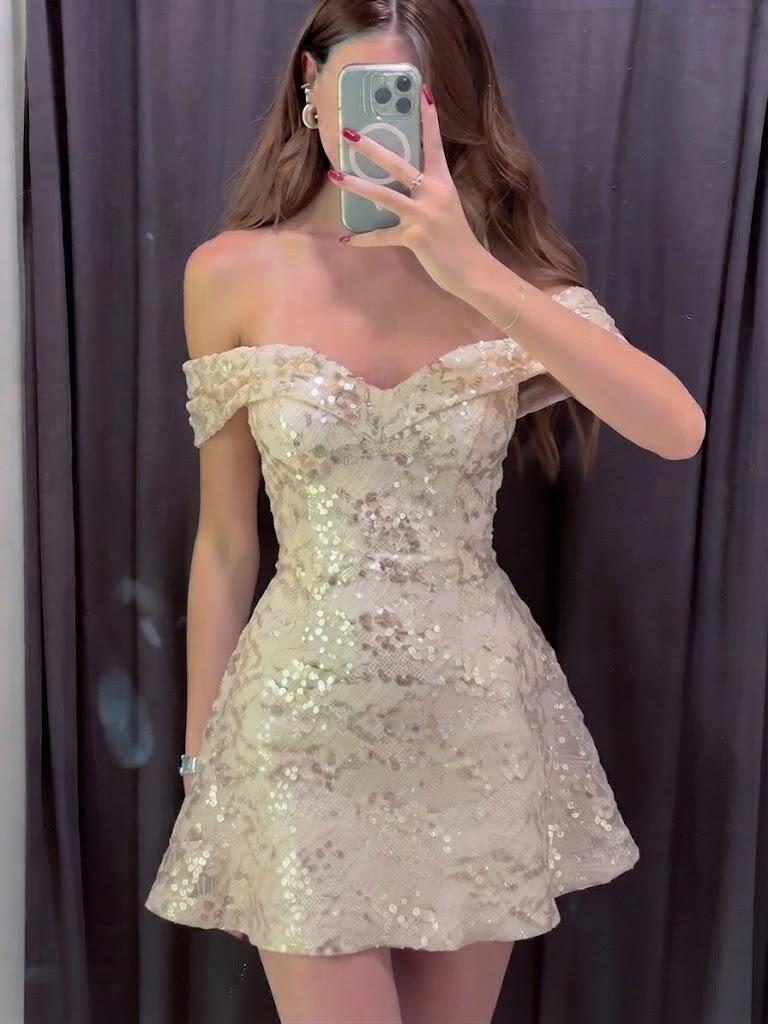Sparkly Off The Shoulder Satin Sequin Short Prom Dress,Light Champagne A Line Mini 9th Grade Homecoming Dress SP3454