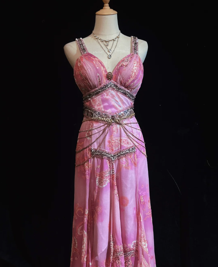 Glamorous Pink Spaghetti Straps Chiffon Floral Beaded Mermaid Evening Dress Long Party Dress SP1816