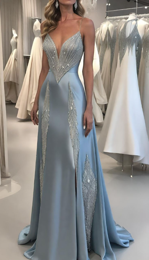 Pretty Spaghetti Straps Blue Satin Sequin Beaded Long Prom Dress Evening Dress SP386