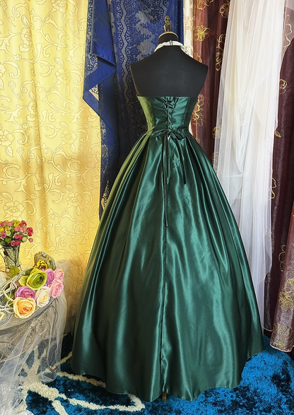 Retro Green Strapless Satin Pleated Ball Gown Long Party Dress Prom Dress SP2194