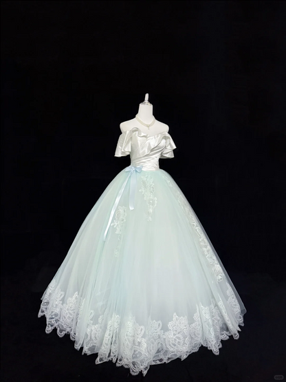 Charming Ball Gown Pastel Mint Green Off The Shoulder Tulle Appliques Long Party Dress Prom Dress SP2217