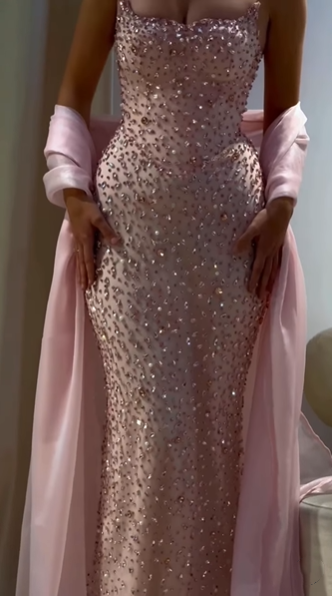 Gorgeous Pink Strapless Sequin Beaded Mermaid Party Dress Long Birthday Prom Dress SP773