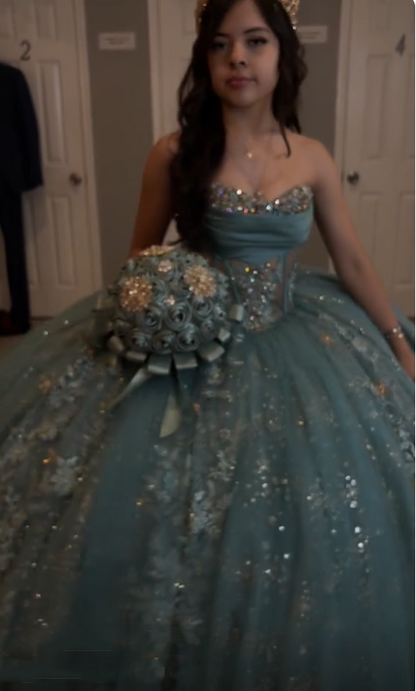 Elegant Green Strapless Princess Ball Dress, Sparkle Sequin Lace Beaded Tulle Sweet 16 Dress SP2739