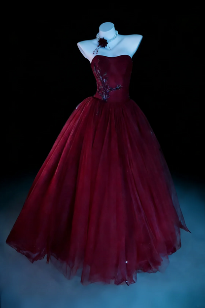 Glamorous Strapless Burgundy Tulle Beaded Long Birthday Prom Dress Party Gown SP2036