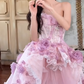 Pretty Pink Strapless Tulle Lace Appliques Long Evening Dress Birthday Prom Gown With Beads SP1661