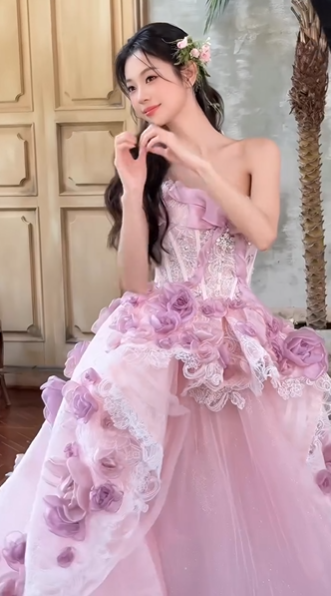 Pretty Pink Strapless Tulle Lace Appliques Long Evening Dress Birthday Prom Gown With Beads SP1661