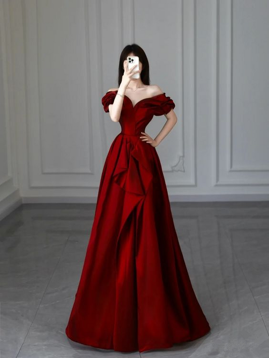 Burgundy Satin Long Prom Dress, A-Line Evening Dress Y6026