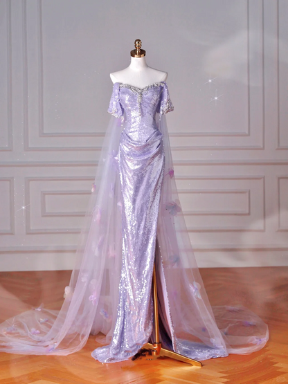 Glitter Lilac Sequin Tulle Beaded Mermaid Slit Evening Dress,Off The Shoulder Tulle Appliques Prom Dress Y8632