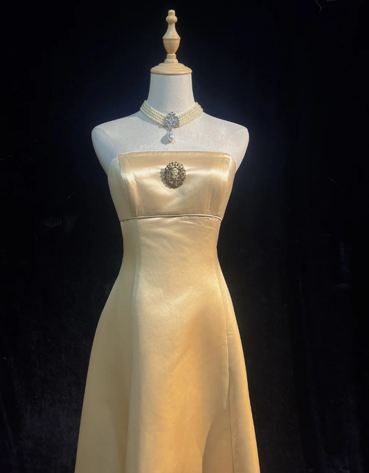 Fashion Strapless Gold Satin A Line Long Evening Dress Formal Wedding Guest Dress SP1781