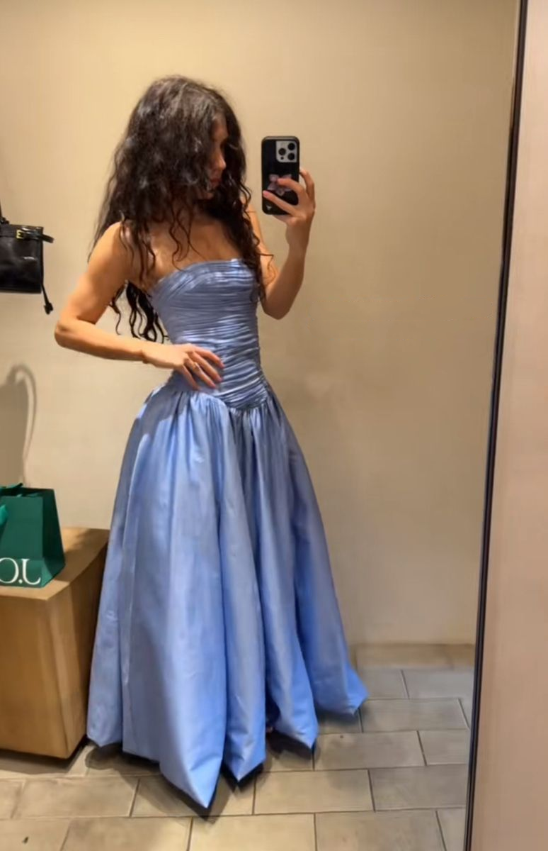 Elegant Blue Strapless Satin Pleated A Line Long Party Dress Birthday Dress SP2528