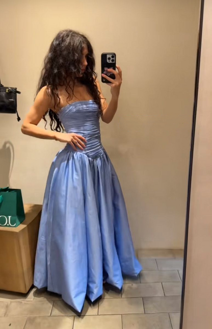 Elegant Blue Strapless Satin Pleated A Line Long Party Dress Birthday Dress SP2528