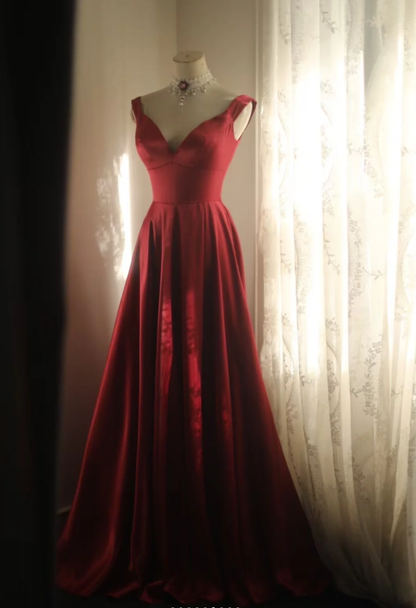 Fashion V Neck Burgundy Satin Mermaid Slit Evening Dress Formal Prom Gown SP669