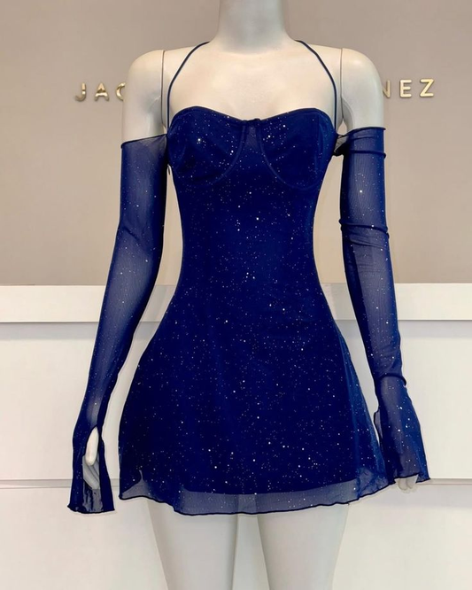 Sparkly Royal Blue Halter Chiffon Sequin Short Graduation Homeocming Dress Cocktail Dress SP02