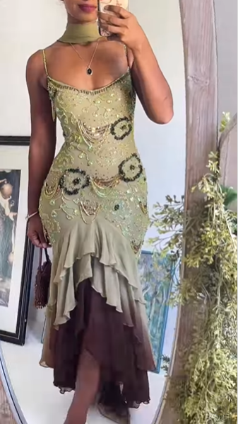 Classy Spaghetti Straps Sage Green Chiffon Beaded Mermaid Long Party Dress Birthday Outfits SP902