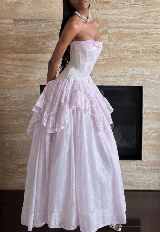 Gorgeous Strapless Lilac Lace A Line Party Dress Long Wedding Guest Dress SP2688
