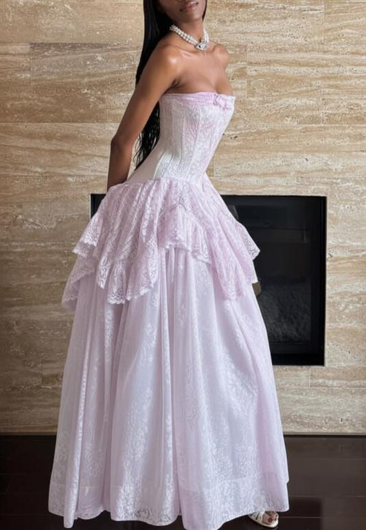Gorgeous Strapless Lilac Lace A Line Party Dress Long Wedding Guest Dress SP2688