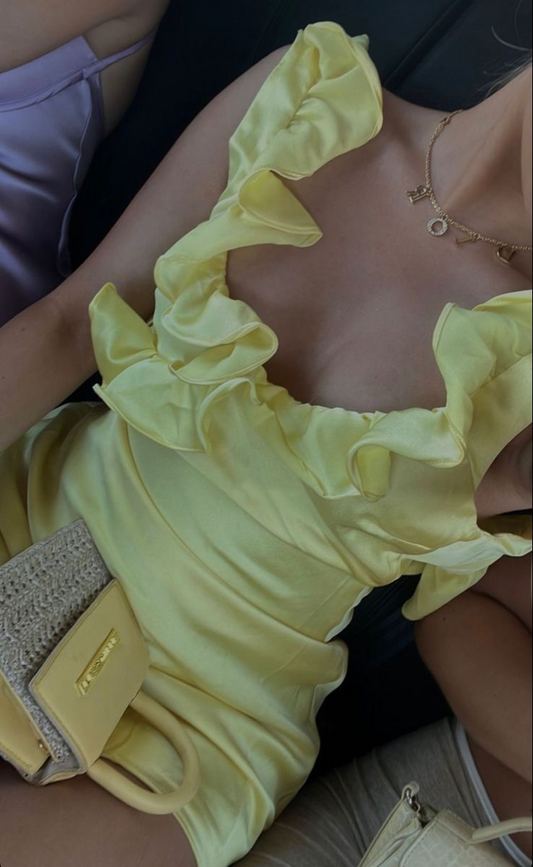 Fashion Yellow Ruffles Satin A Line Short Graduation Homecoming Dress,Backless Mini Birthday Dress SP2987