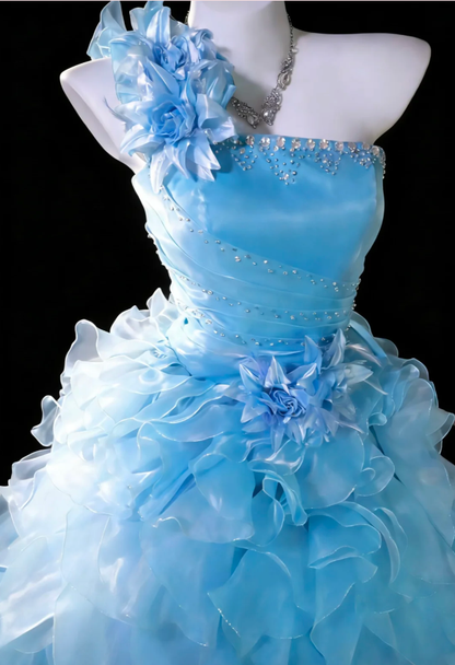 Fairy Blue Ball Gown One Shoulder Tulle Beaded Ruffles Long Birthday Evening Dress Prom Gown SP1836