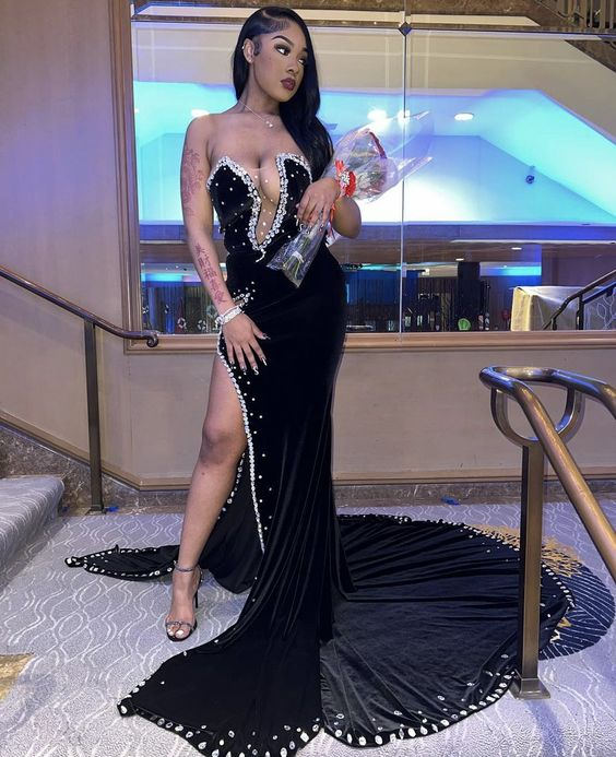 Black Velvet Prom Dresses Long Mermaid Formal Party Gowns Evening Dress Y6518