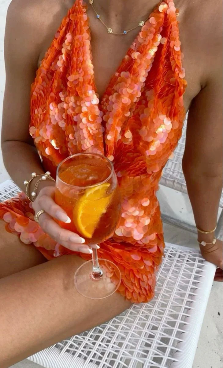 Unique Orange halter Sequin Backless Short Cocktail Dress Homecoming Dress Y9890