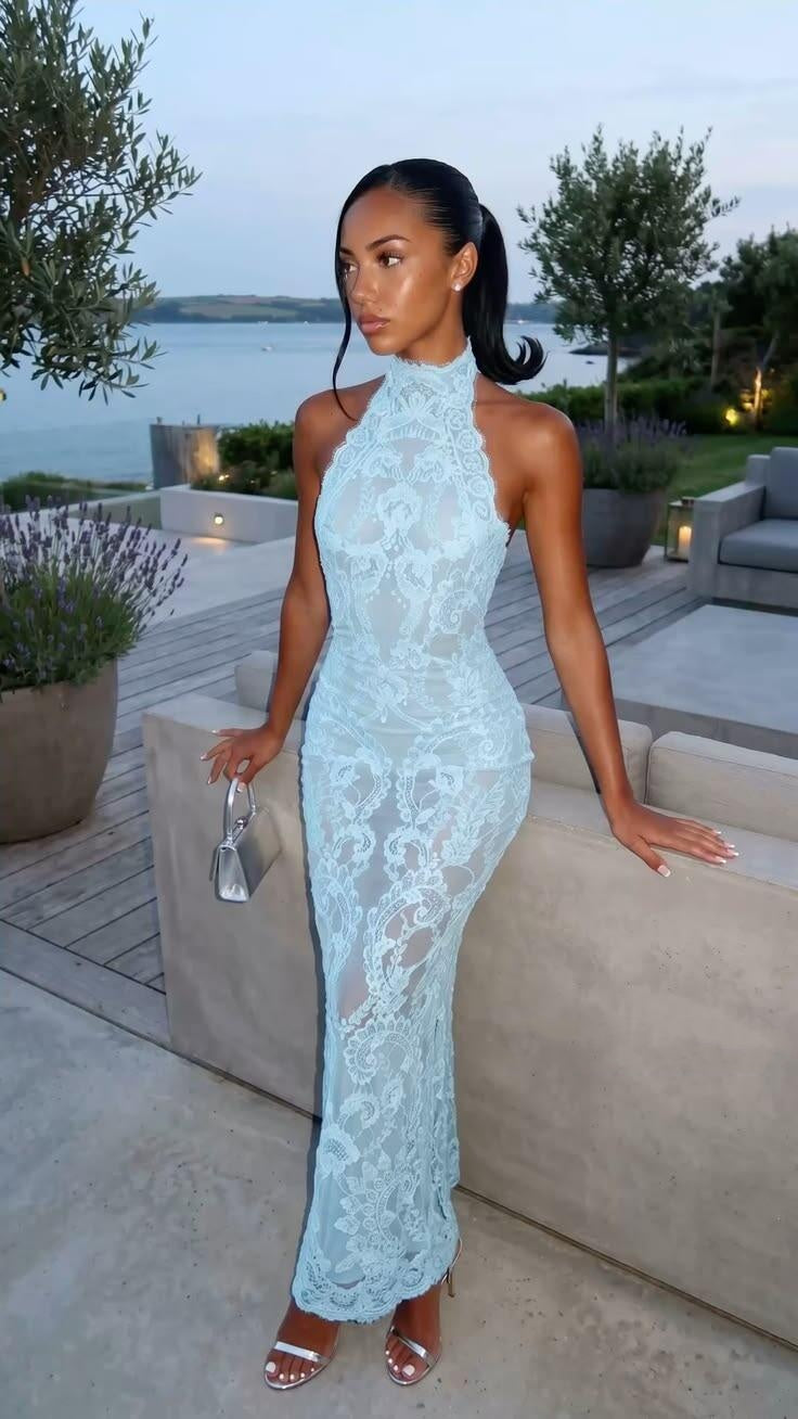 Elegant Halter Light Blue Lace Mermaid Prom Dress Long Party Gown SP2549