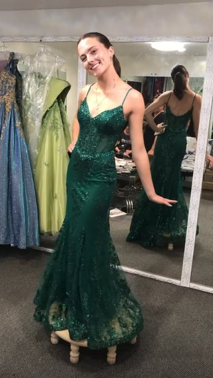 Pretty Green Tulle Sequin Mermaid Long Party Dress Birthday Prom Dresses SP4231