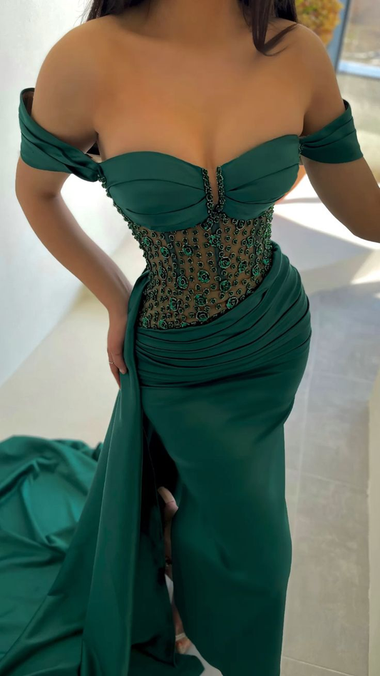 Sexy Off The Shoulder Green Satin Prom Dress Y5926