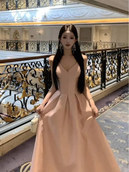 Cute Spaghetti Straps V Neck Satin A Line Long wedding Guest Dress Pink Evening Dress Prom Dress SP2291