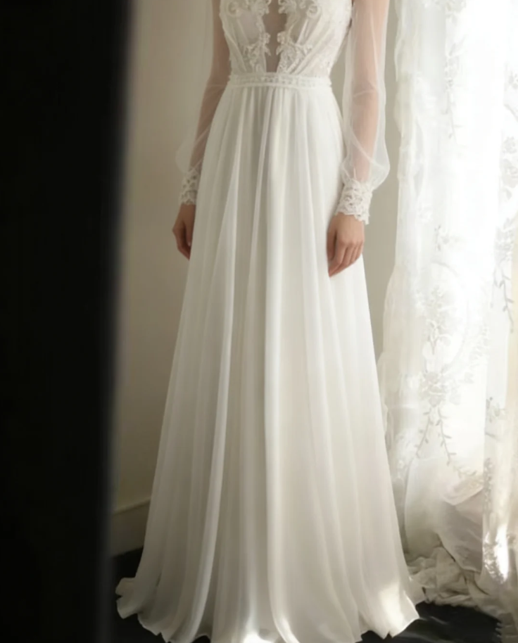 Charming White Tulle Chiffon Beaded Long Wedding Dress Backless Bridal Dress SP1175