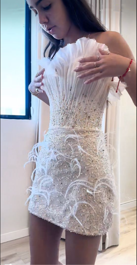 Gorgeous White Strapless Satin Beaded Sheath Short Graduation Homecoming Dress Cocktail Dress SP2940