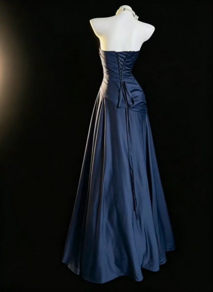 Fashion Strapless Satin Pleated Long Party Dress,Navy Blue A Line Long Prom Gown SP2762