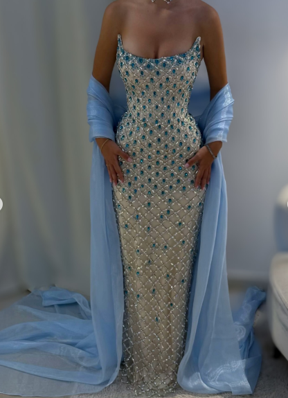 Gorgeous Strapless Blue Sequin Beaded Sheath Long Party Dress Formal Birthday Party Gown SP772