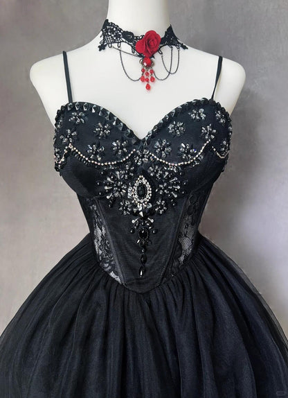 Retro Spaghetti Straps Tulle Beaded A Line Short 9th Grade Homecoming Dress,Black Short Prom Gown SP2916