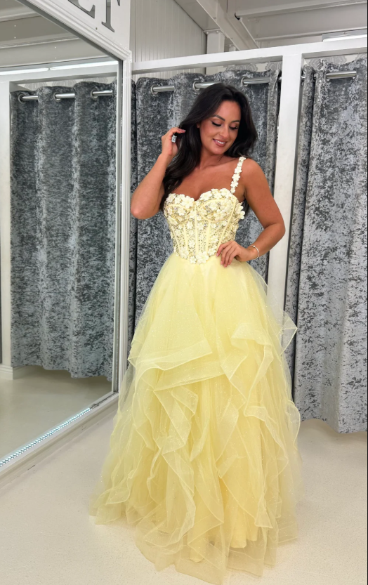 Cute Spaghetti Straps Yellow Tulle Beaded Lace Appliques Formal Prom Dress Party Dress SP642