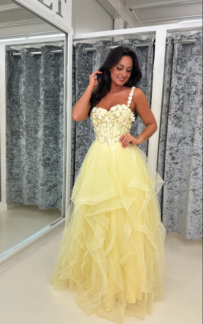 Cute Spaghetti Straps Yellow Tulle Beaded Lace Appliques Formal Prom Dress Party Dress SP642