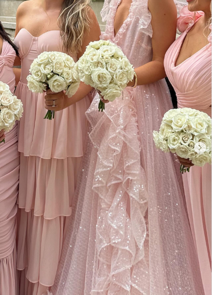 Gorgeous V Neck Pink Tulle Sequin Ruffle Long Wedding Guest Dress Birthday Party Dress SP1083