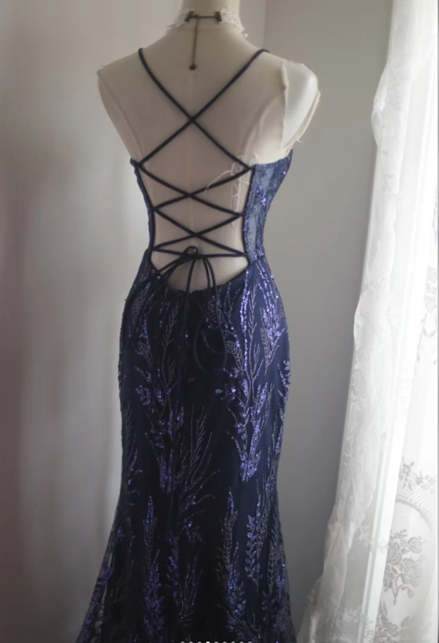 Gorgeous Spaghetti Straps Navy Blue Sequin Tulle Mermaid Long Evening Dress Prom Gown SP1236