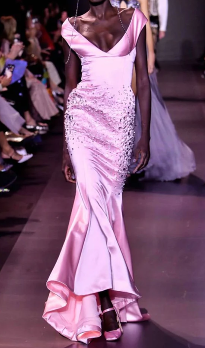 Trendy Pink Off The Shoulder Satin Beaded Mermaid Evening Dress Birthday Outfits SP793