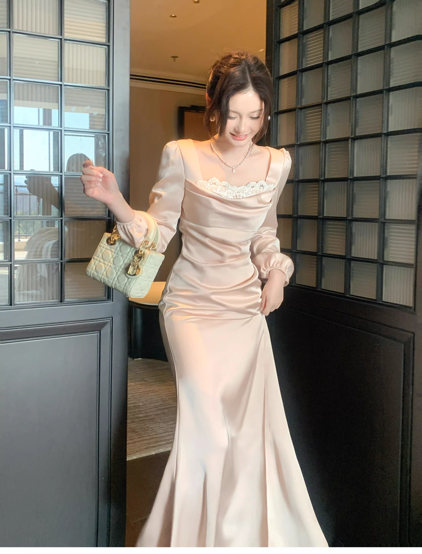 Sweet Lace Neck Pink Satin Mermaid Long Prom Dress Formal Evening Dress Birthday Dress SP1541