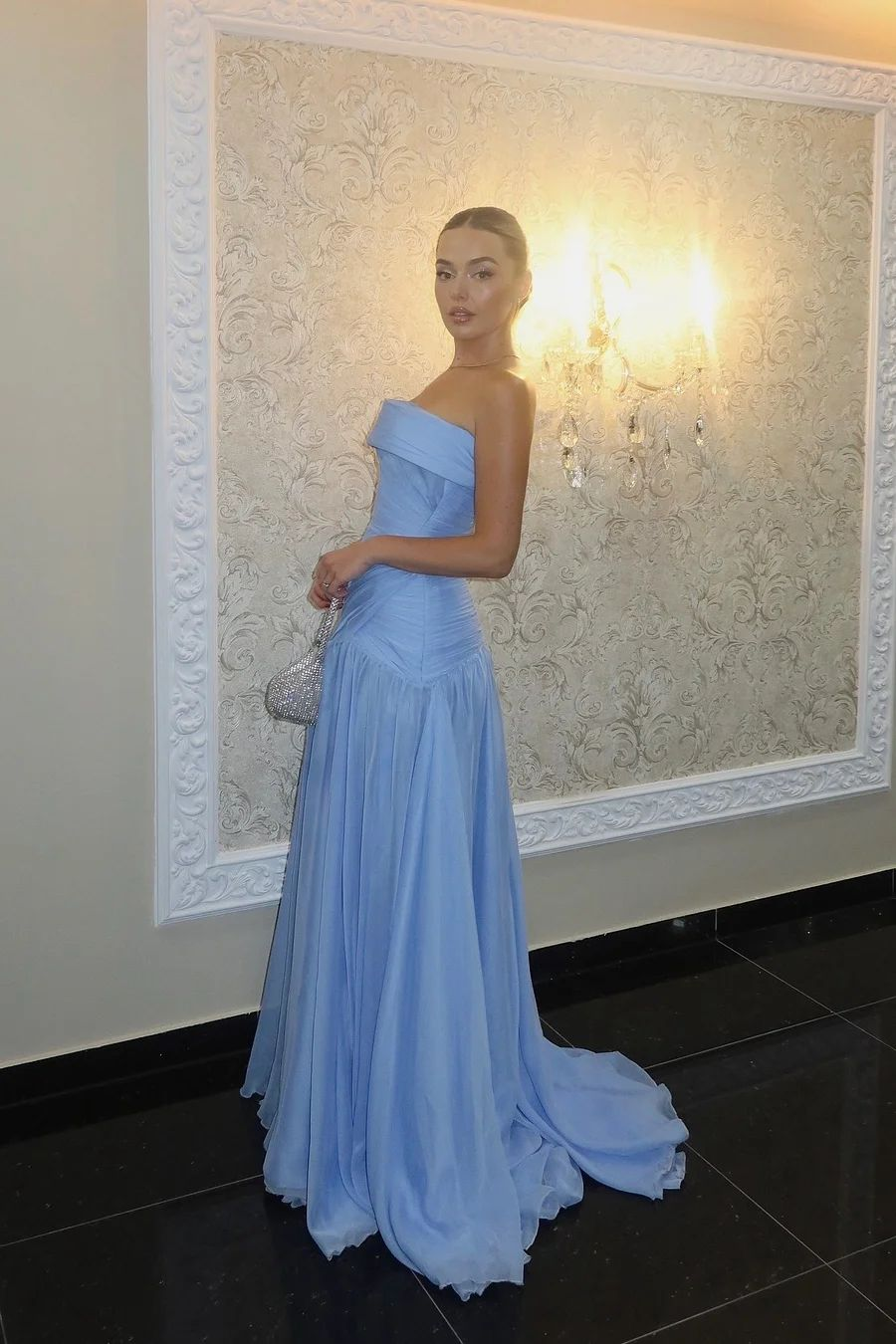 Chic Blue Strapless Sleeveless Chiffon Pleated A Line Long Prom Dress Evening Gown Formal Wedding Guest Dress SP396