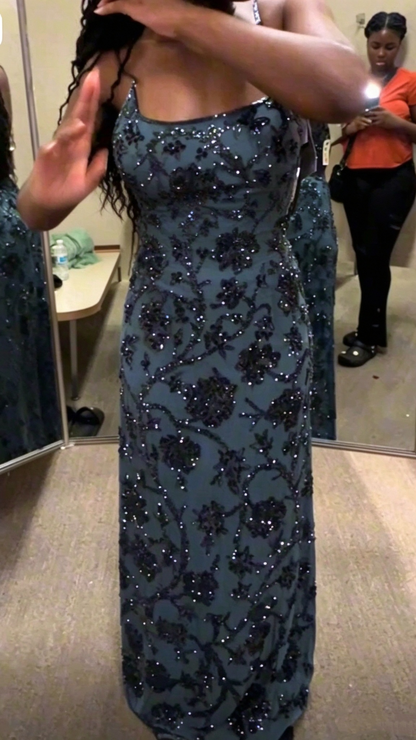 Charming Spaghetti Straps Blue Sequin Floral Sheath Long Party Dress Prom Gowns SP4255