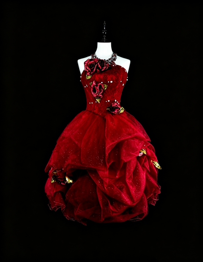 Glamorous Red Strapless Lace Tulle Sequin A Line Short Homecoming Dress Birthday Outfits With 3D Florals SP3396
